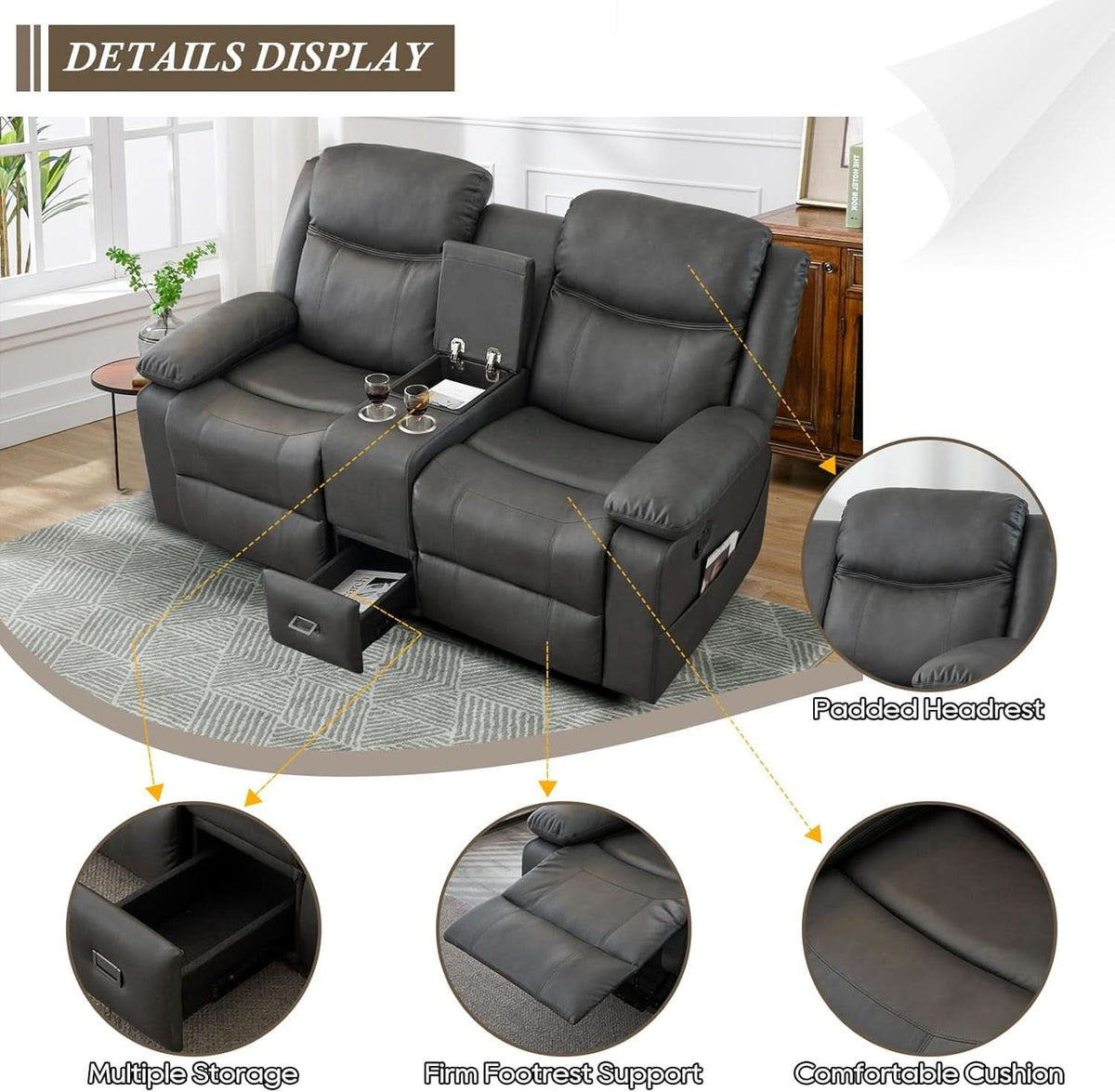 Grey Double Reclining Loveseat For Living Room Home Theater
