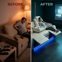 3 Seater Power Recliner Chair Sofa Set for Living Room,Faux Leather Electric White Home Theater Seating Reclining Sofa Couch with Flipped Middle Backrest,Led Light,Usb Port,Cup Holders — Before & After