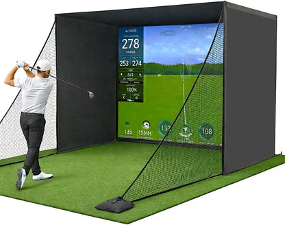 Golf Simulator Enclosure for Home 10X8 Ft Cage with HD Impact Sim Screen Two Shank Nets and Corner Foam Padding for Practice at Indoor Garage
