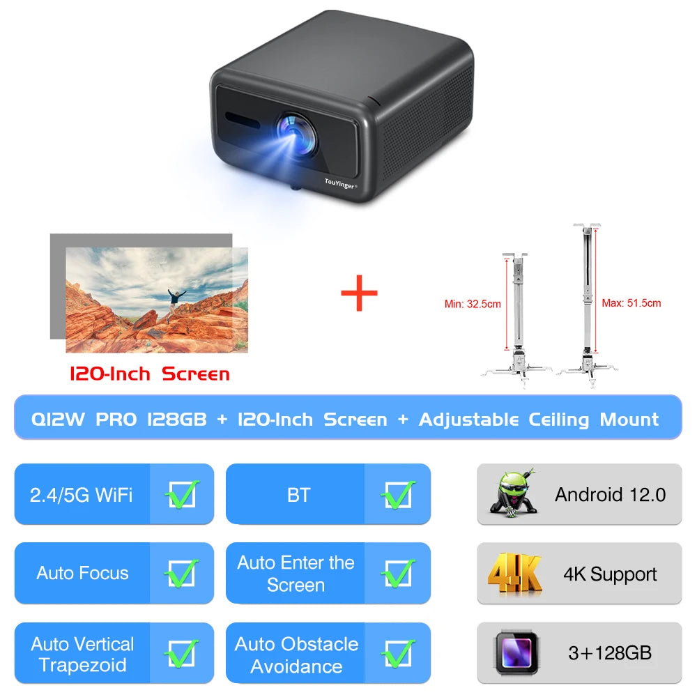 Q12W Pro 2800ANSI Full HD 4K Dual Screen Wifi Bluetooth Smart Home Theater Projector