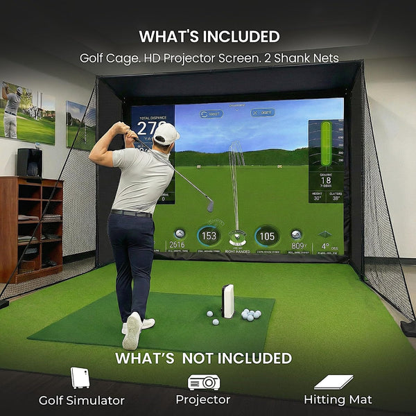 Golf Simulator Enclosure for Home 10X8 Ft Cage with HD Impact Sim Screen Two Shank Nets and Corner Foam Padding for Practice at Indoor Garage