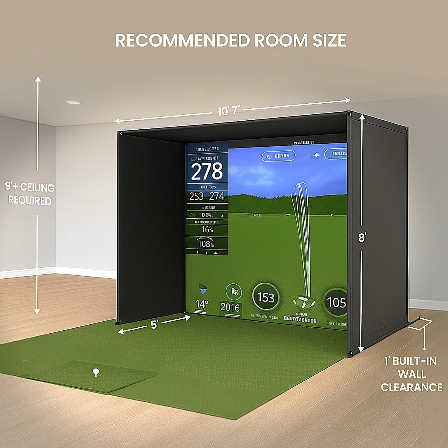 Golf Simulator Enclosure for Home 10X8 Ft Cage with HD Impact Sim Screen Two Shank Nets and Corner Foam Padding for Practice at Indoor Garage