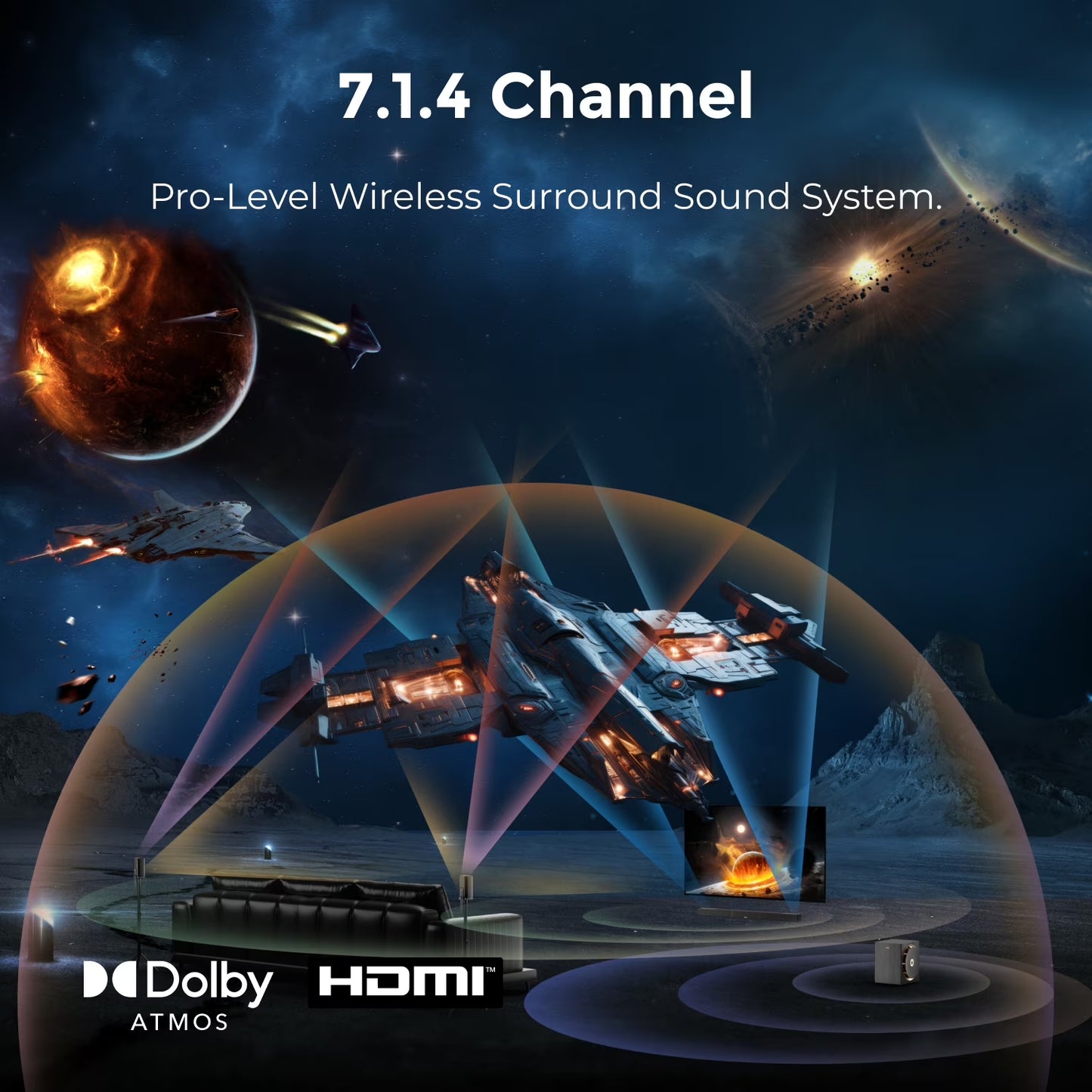 7.1.4Ch Sound Bar with Dolby Atmos, Surround Sound System for TV with 2 Surround Speakers, Sound Bar for Smart TV, Soundbar with Subwoofer for Home Theater, BT 5.4, HDMI Earc, Skywave Series