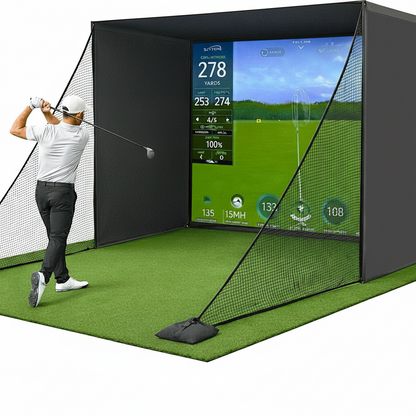 Golf Simulator Enclosure for Home 10X8 Ft Cage with HD Impact Sim Screen Two Shank Nets and Corner Foam Padding for Practice at Indoor Garage